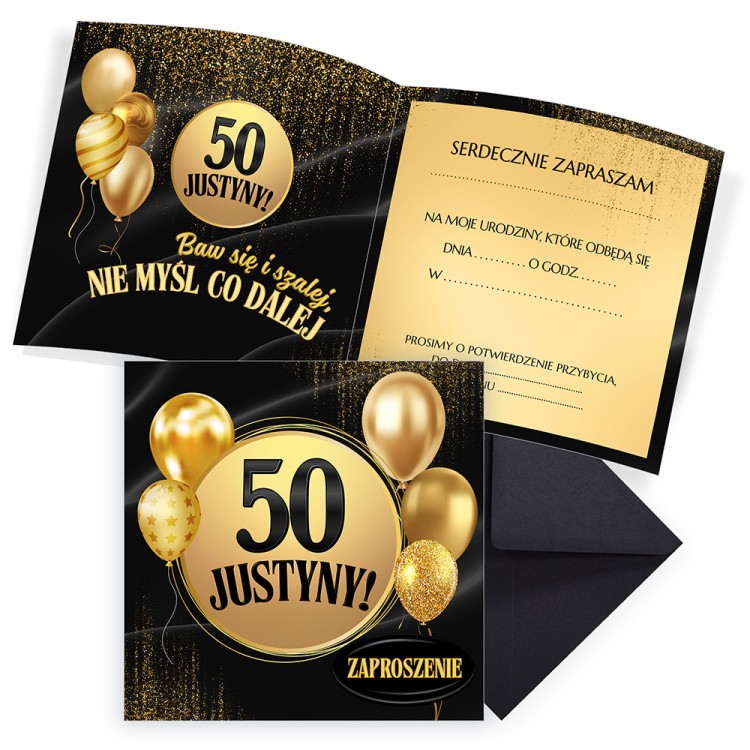Zaproszenia Personalizowane na 50 Urodziny Złote Balony Czarna Koperta komplet