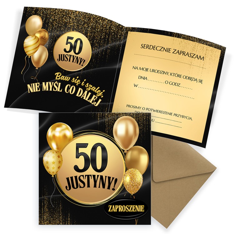 Zaproszenia Personalizowane na 50 Urodziny Złote Balony Eko Koperta komplet
