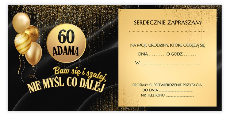 Zaproszenia Personalizowane na 60 Urodziny Złote Balony środek