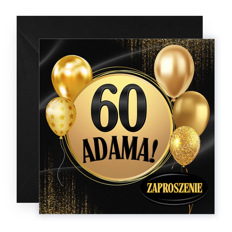 Zaproszenia Personalizowane na 60 Urodziny Złote Balony Czarna Koperta