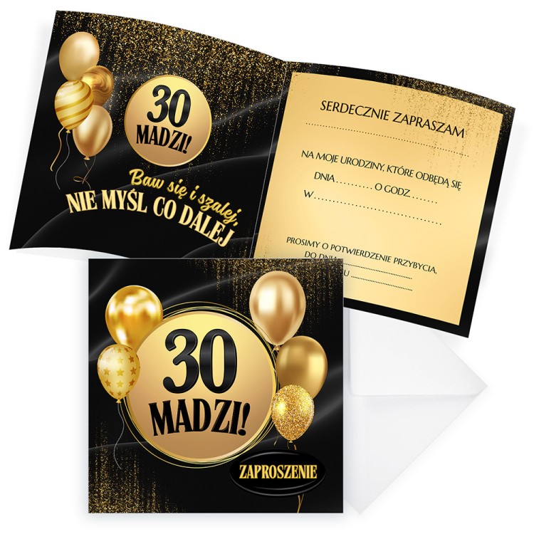 Zaproszenia Personalizowane na 30 Urodziny Złote Balony komplet