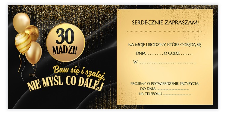 Zaproszenia Personalizowane na 30 Urodziny Złote Balon środek