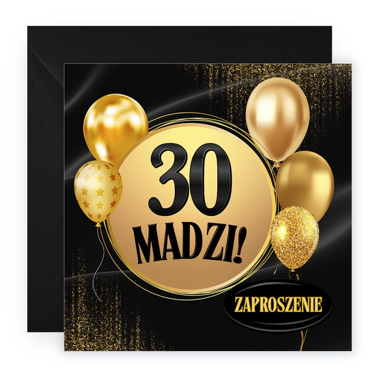 Zaproszenia Personalizowane na 30 Urodziny Złote Balony Czarna Koperta