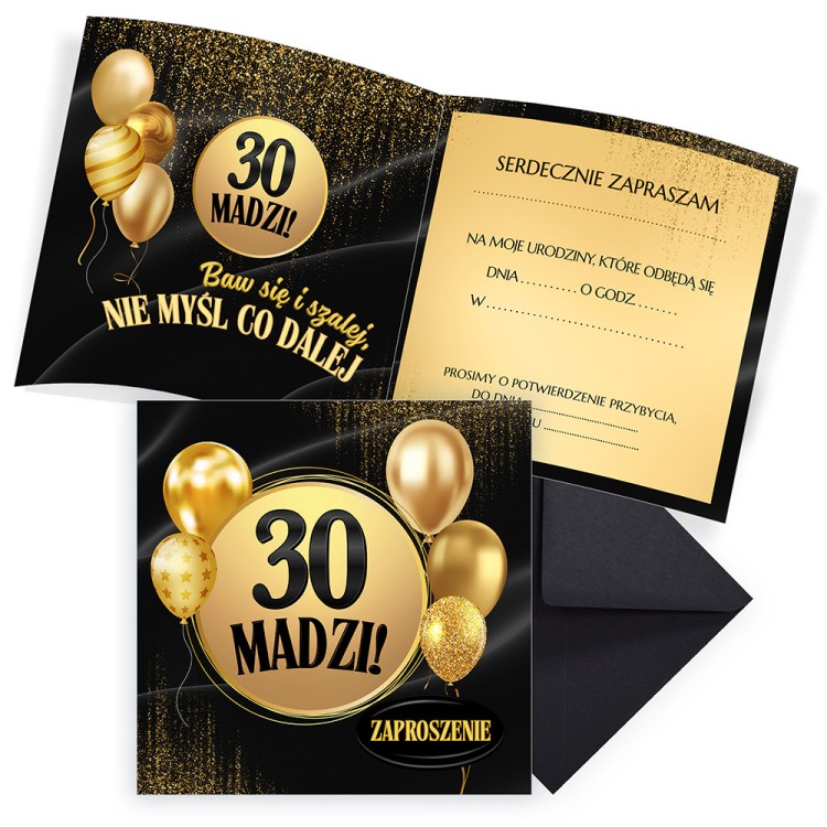 Zaproszenia Personalizowane na 30 Urodziny Złote Balony Czarna Koperta komplet