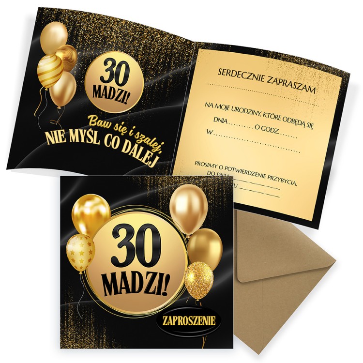 Zaproszenia Personalizowane na 30 Urodziny Złote Balony Eko Koperta komplet