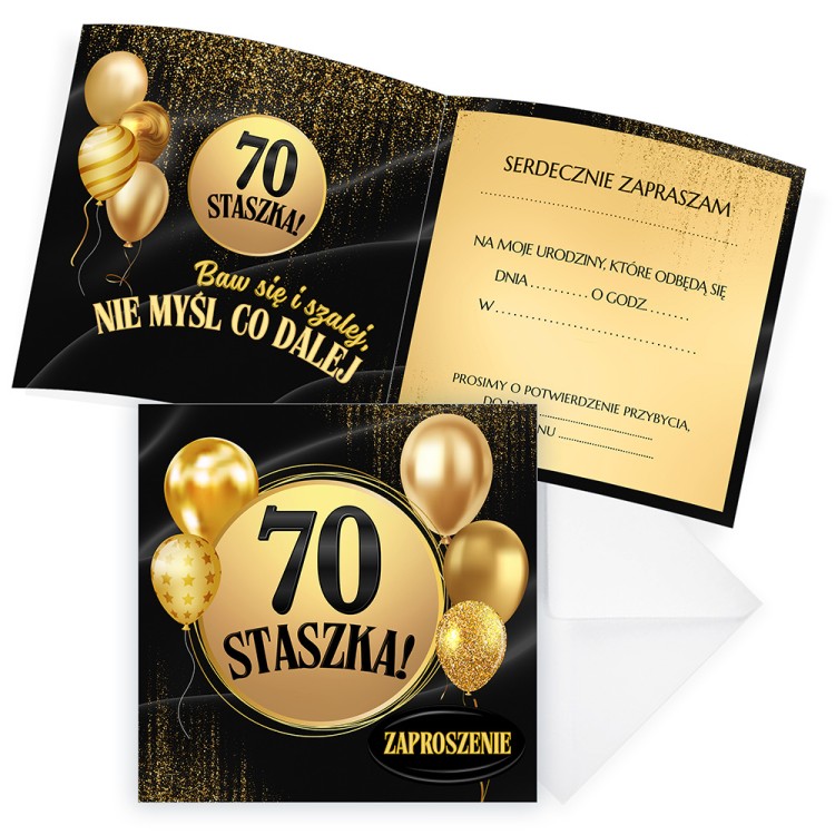 Zaproszenia Personalizowane na 70 Urodziny Złote Balony komplet