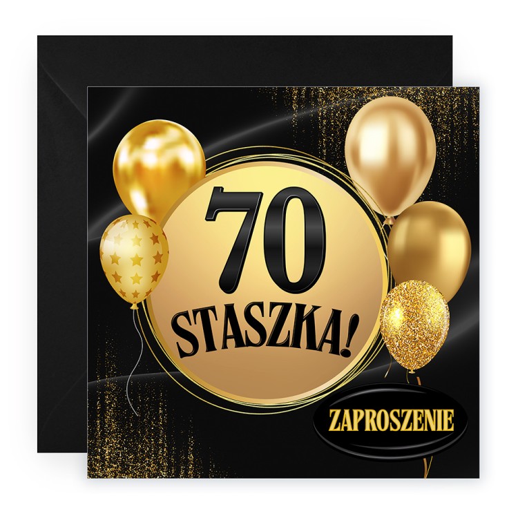 Zaproszenia Personalizowane na 70 Urodziny Złote Balony Czarna Koperta