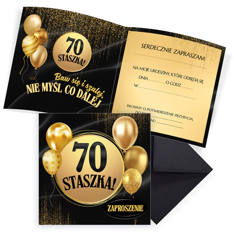 Zaproszenia Personalizowane na 70 Urodziny Złote Balony Czarna Koperta komplet