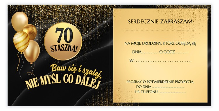 Zaproszenia Personalizowane na 70 Urodziny Złote Balony środek