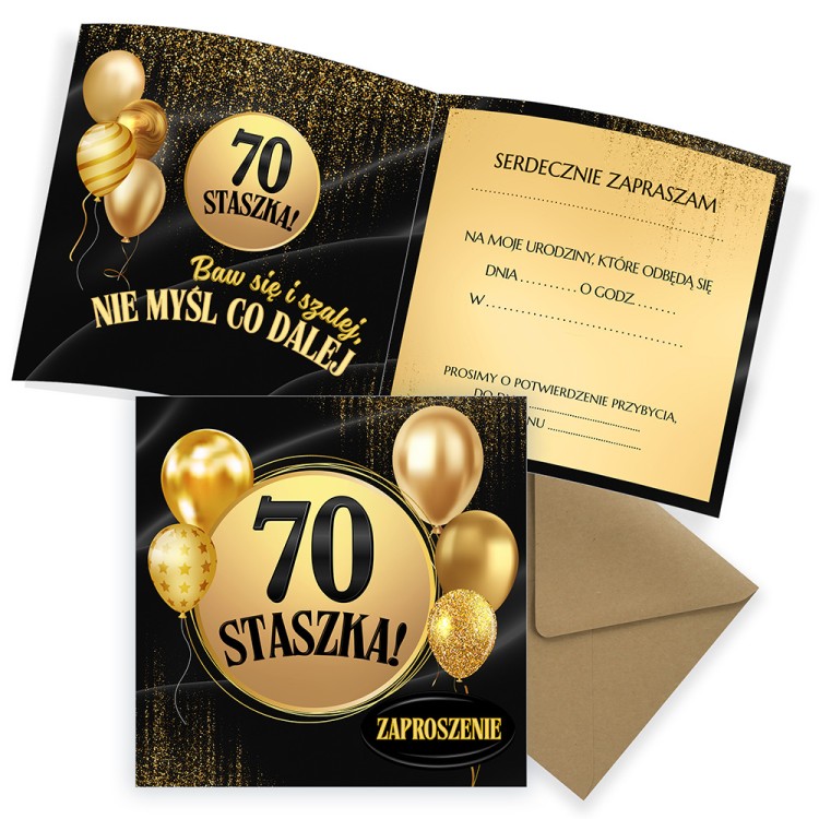 Zaproszenia Personalizowane na 70 Urodziny Złote Balony Eko Koperta komplet