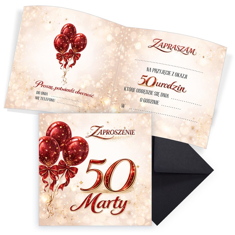 Zaproszenia Personalizowane na 50 Urodziny Baśń Czarna Koperta komplet