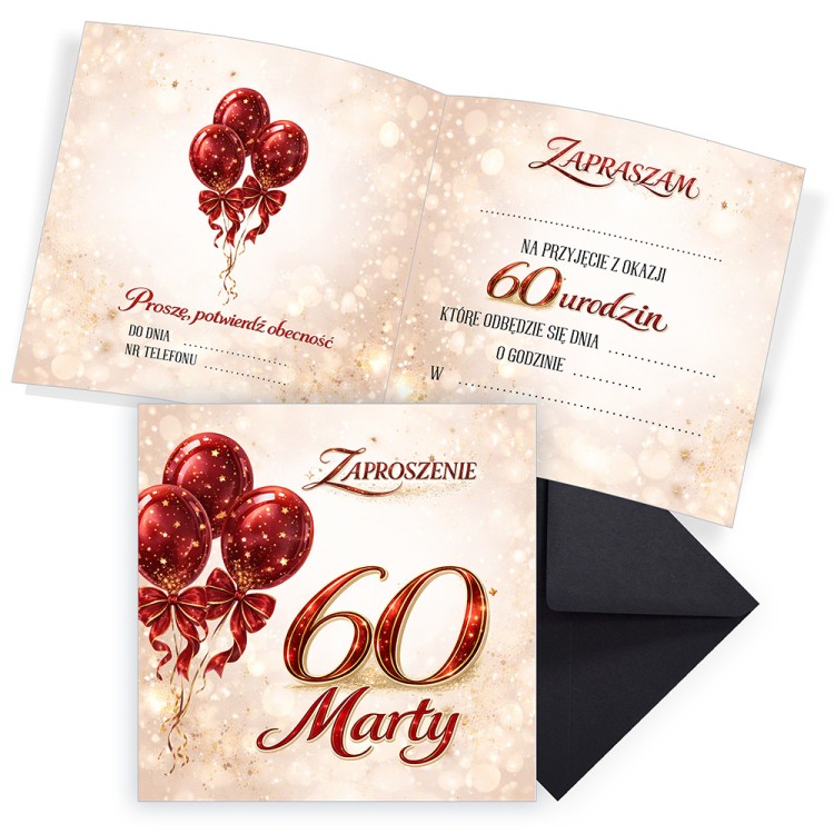Zaproszenia Personalizowane na 60 Urodziny Baśń Czarna Koperta komplet