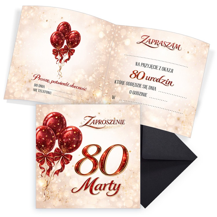 Zaproszenia Personalizowane na 80 Urodziny Baśń Czarna Koperta komplet