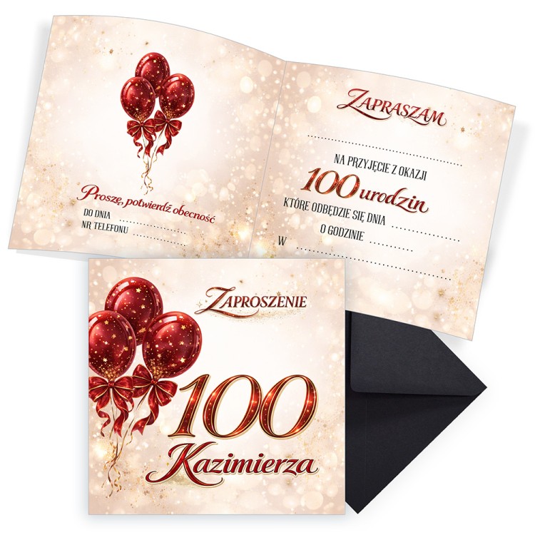 Zaproszenia Personalizowane na 100 Urodziny Baśń Czarna Koperta komplet