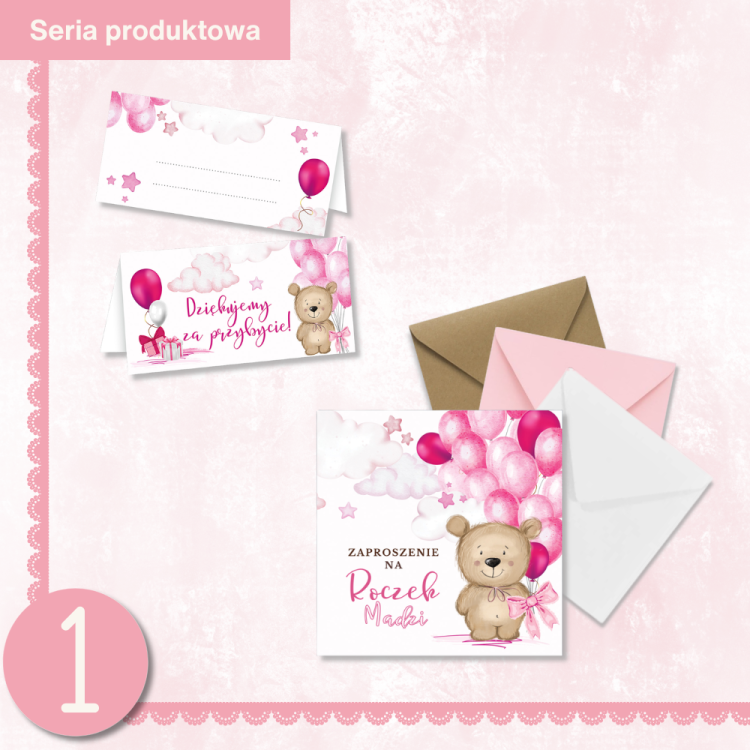 Zaproszenia Personalizowane na Roczek Różowy Miś P13_04 seria produktowa