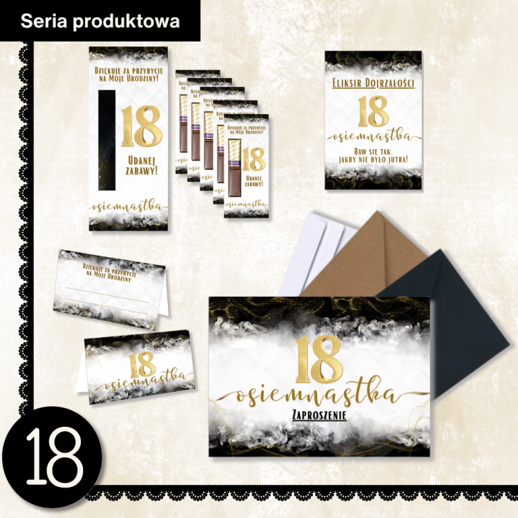 Zaproszenia na 18 Urodziny Zloto i Czern WB_62 seria produktowa