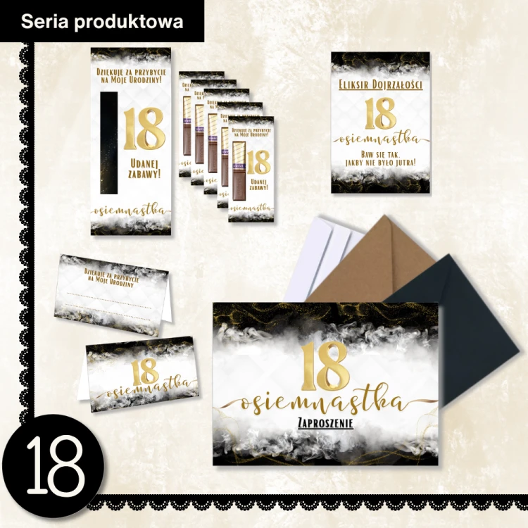 Zaproszenia na 18 Urodziny Zloto i Czern WB_62 seria produktowa