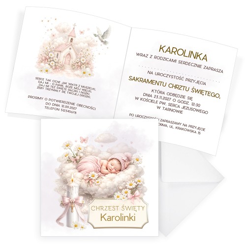 Zaproszenia Personalizowane na Chrzest Kościółek Dziewczynka S14_01 koperta