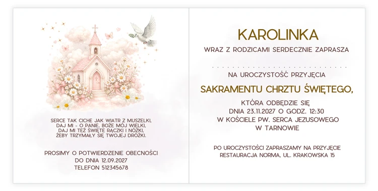 Zaproszenia Personalizowane na Chrzest Kościółek Dziewczynka S14_01 środek