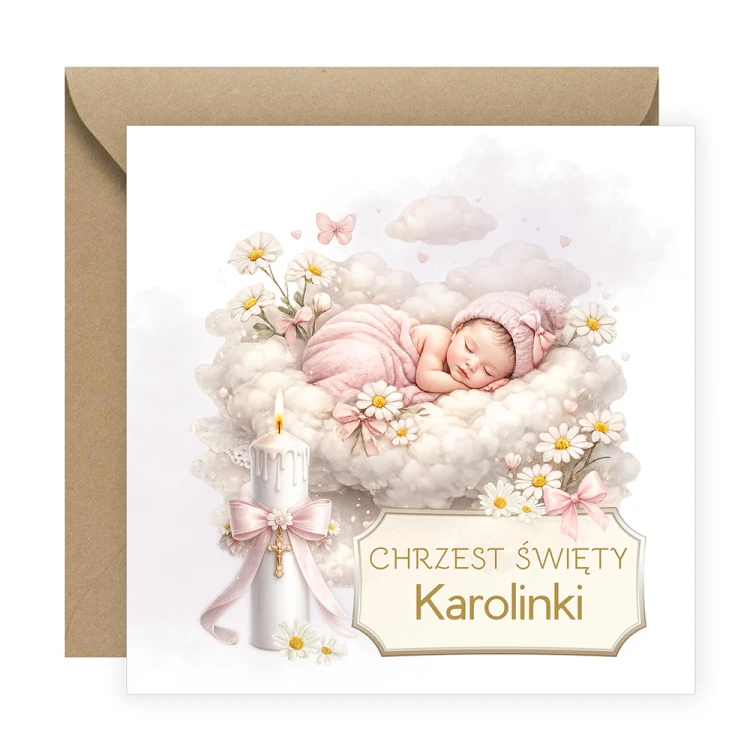Zaproszenia Personalizowane na Chrzest Kościółek Dziewczynka Eko Koperta S14_01_ZE1