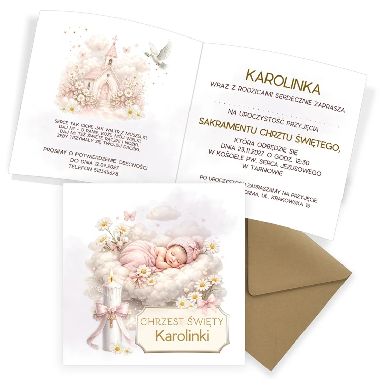 Zaproszenia Personalizowane na Chrzest Kościółek Dziewczynka Eko Koperta S14_01_ZE1 koperta
