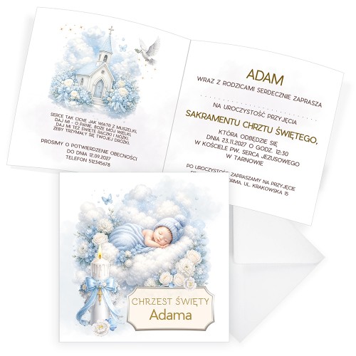 Zaproszenia Personalizowane na Chrzest Kościółek Chłopczyk S14_02 komplet