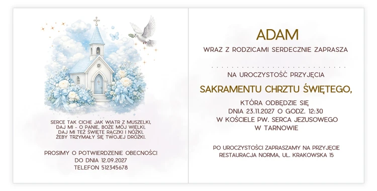 Zaproszenia Personalizowane na Chrzest Kościółek Chłopczyk S14_02 środek