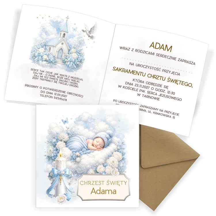Zaproszenia Personalizowane na Chrzest Kościółek Chłopczyk Eko Koperta S14_02_ZE1 komplet