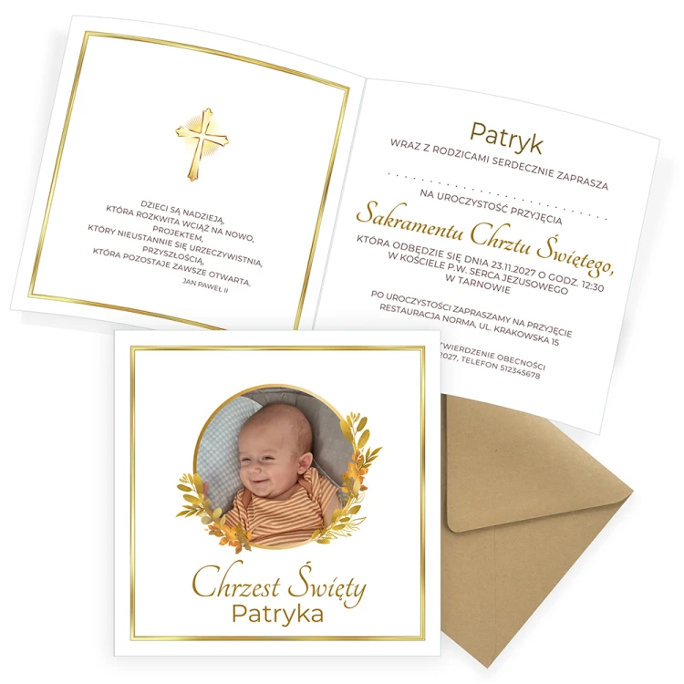 Zaproszenia Personalizowane na Chrzest Jesień ze zdjęciem Eko Koperta S14_03_ZE1 koperta