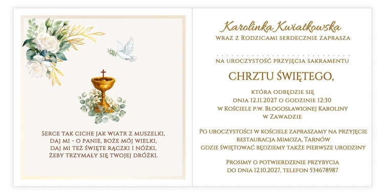 Zaproszenia Personalizowane na Chrzest i Roczek Eukaliptus S14_05 środek