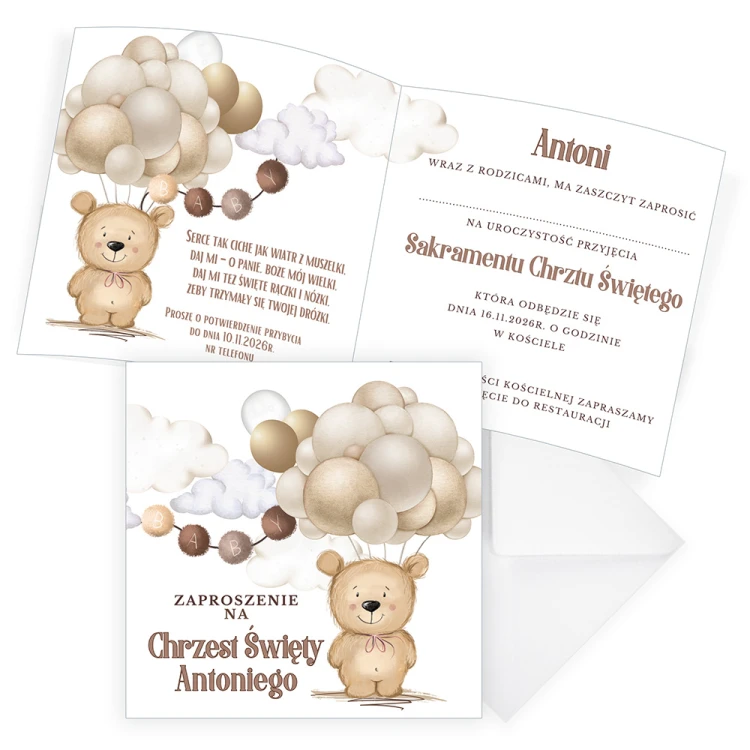 Zaproszenia Personalizowane na Chrzest Święty Beżowy Miś S14_20 komplet
