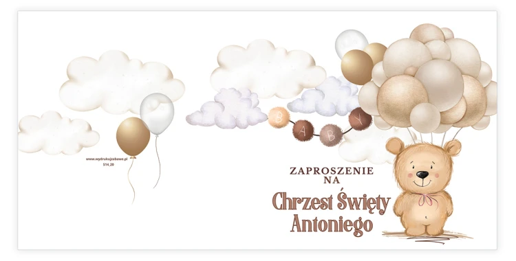 Zaproszenia Personalizowane na Chrzest Święty Beżowy Miś S14_20 przód