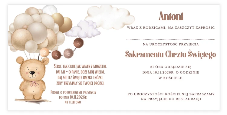 Zaproszenia Personalizowane na Chrzest Święty Beżowy Miś S14_20 środek