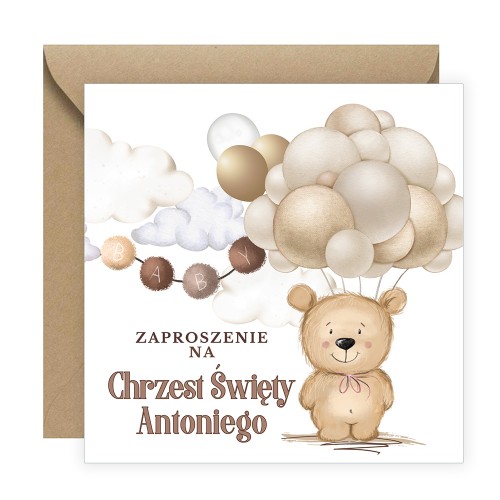 Zaproszenia Personalizowane na Chrzest Święty Beżowy Miś Eko Koperta S14_20_ZE1