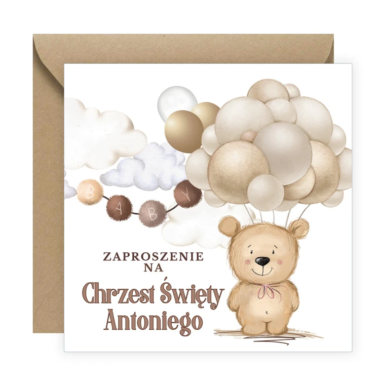 Zaproszenia Personalizowane na Chrzest Święty Beżowy Miś Eko Koperta S14_20_ZE1