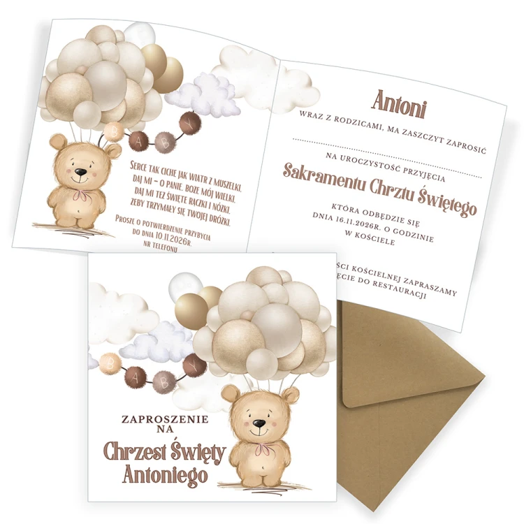 Zaproszenia Personalizowane na Chrzest Święty Beżowy Miś Eko Koperta S14_20_ZE1 komplet