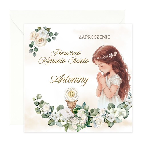 Zaproszenia Personalizowane na Komunię Białe Róże Dziewczynka S14K_01