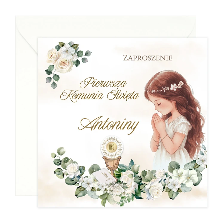 Zaproszenia Personalizowane na Komunię Białe Róże Dziewczynka S14K_01