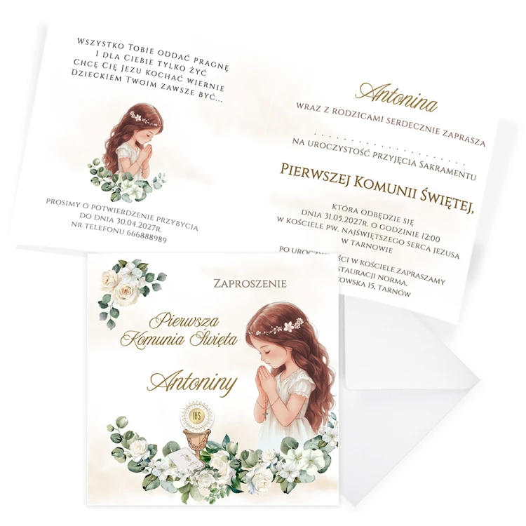 Zaproszenia Personalizowane na Komunię Białe Róże Dziewczynka S14K_01 komplet