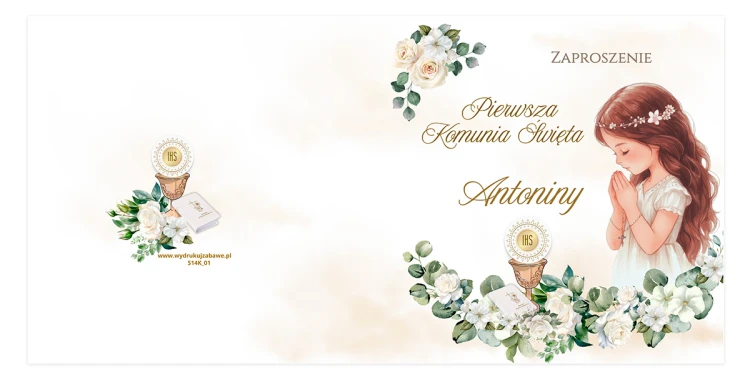 Zaproszenia Personalizowane na Komunię Białe Róże Dziewczynka S14K_01 przód
