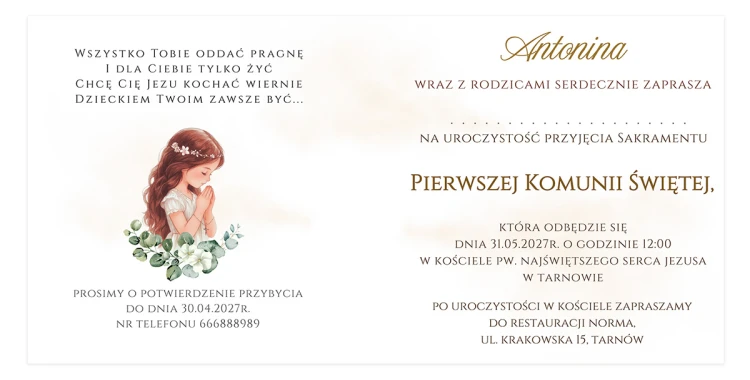 Zaproszenia Personalizowane na Komunię Białe Róże Dziewczynka S14K_01 środek