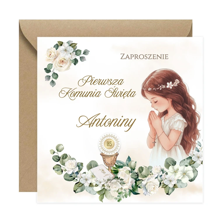 Zaproszenia Personalizowane na Komunię Białe Róże Dziewczynka Eko Koperta S14K_01