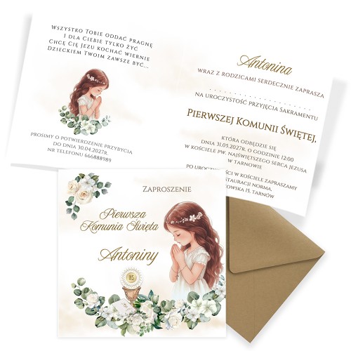 Zaproszenia Personalizowane na Komunię Białe Róże Dziewczynka Eko Koperta S14K_01 komplet