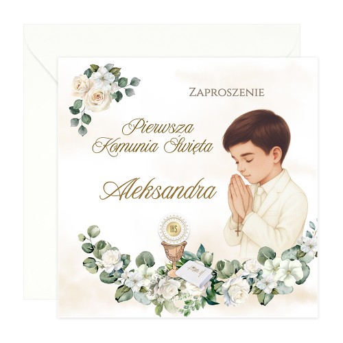 Zaproszenia Personalizowane na Komunię Białe Róże Chłopiec S14K_02