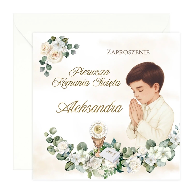 Zaproszenia Personalizowane na Komunię Białe Róże Chłopiec S14K_02
