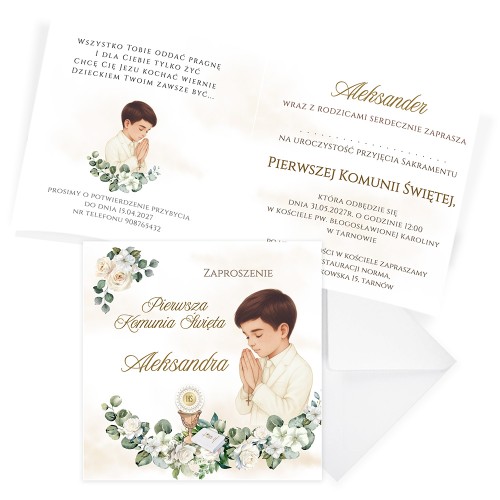 Zaproszenia Personalizowane na Komunię Białe Róże Chłopiec S14K_02 komplet