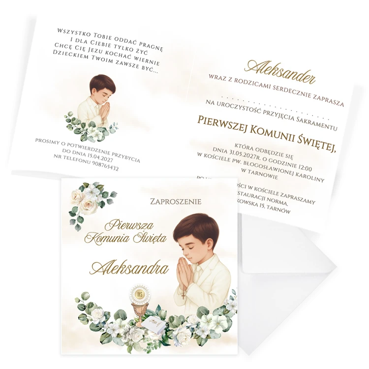 Zaproszenia Personalizowane na Komunię Białe Róże Chłopiec S14K_02 komplet