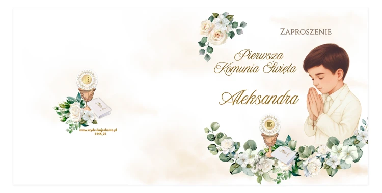 Zaproszenia Personalizowane na Komunię Białe Róże Chłopiec S14K_02 przód