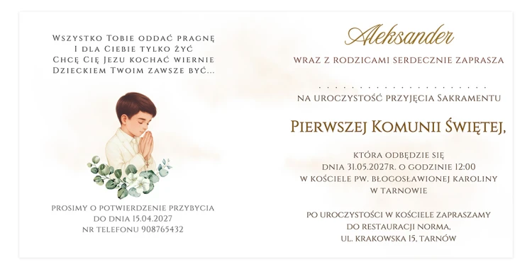 Zaproszenia Personalizowane na Komunię Białe Róże Chłopiec S14K_02 środek