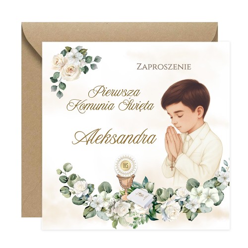 Zaproszenia Personalizowane na Komunię Białe Róże Chłopiec Eko Koperta S14K_02_ZE1